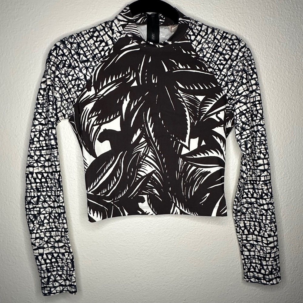 Tory Burch Tropical‎ Leaf Print Long Sleeve Zip Rash Guard Swim Top XS